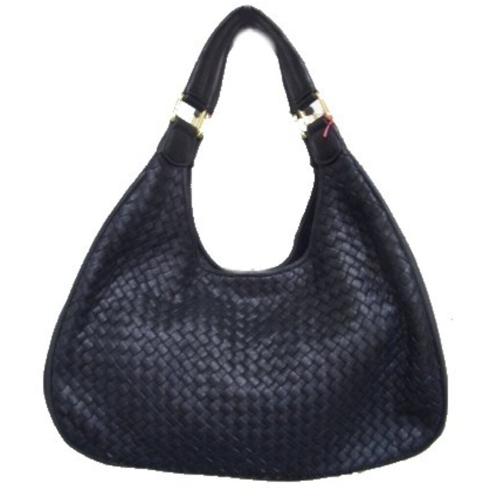 Leather Black Basketweave Hobo Handbag - NEW